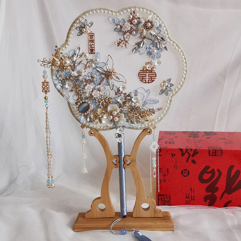 Chinese Vintage Pearl Floral Bride Hand Held Fans