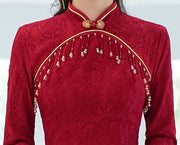 Burgundy Lace Wedding Cheongsam Qi Pao Dress with Beads