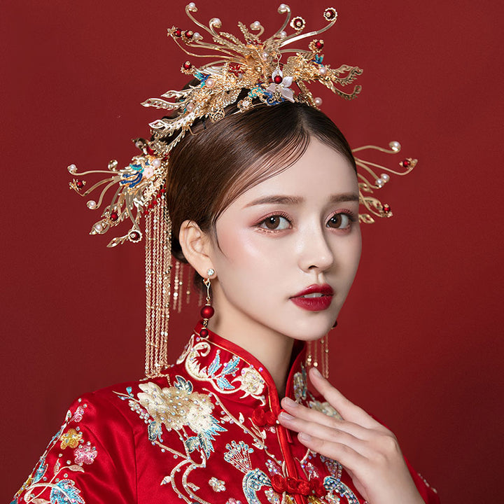 Chinese Traditional Tassel Bridal Hair Crown & Earrings