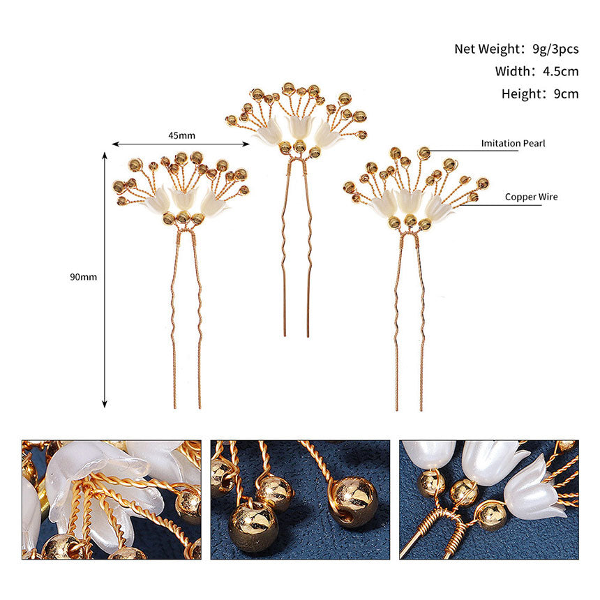 3 Pieces Beads White Flower Bride Wedding Hair Pins