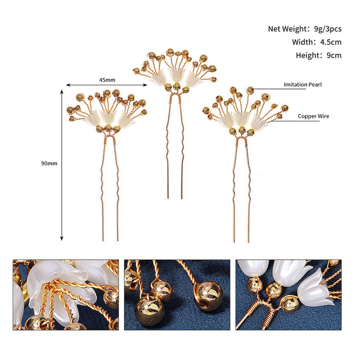 3 Pieces Beads White Flower Bride Wedding Hair Pins