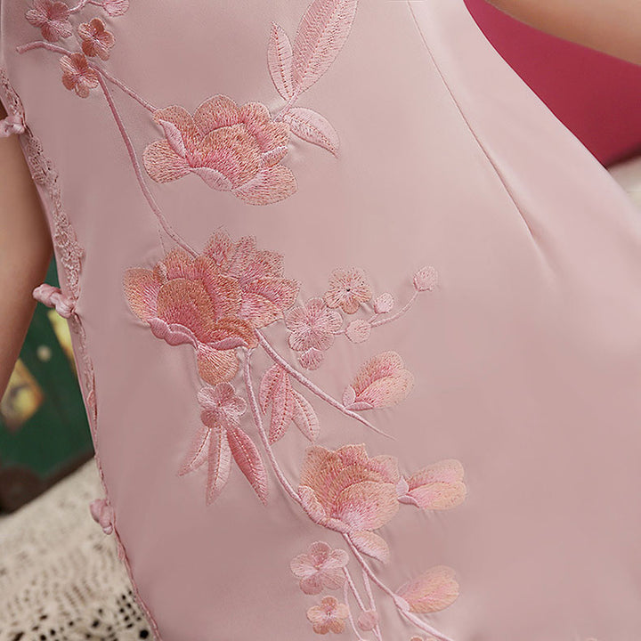 Pink Green Embroidered Modern Qi Pao Cheongsam Maxi Dress