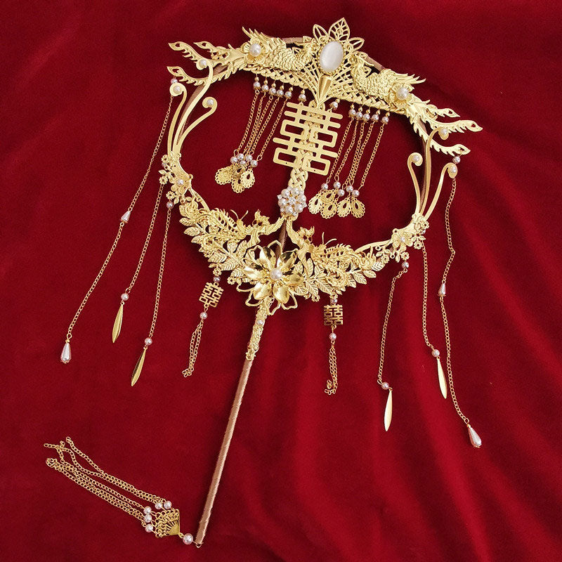 Chinese Vintage Alloy Dragon Phoenix Bride Hand Fans