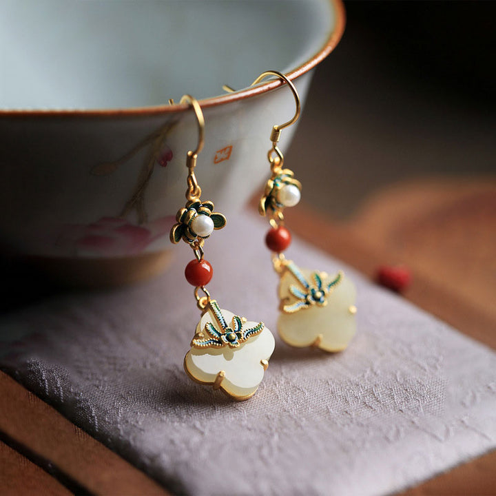 Vintage Colored Enamel Clover Jade Drop Dangle Earrings