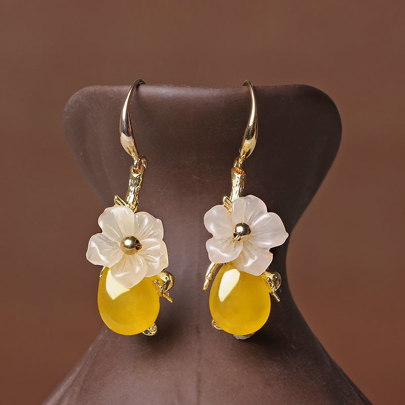 Yellow Jade Dangle Drop Clip On Pierced Earrings