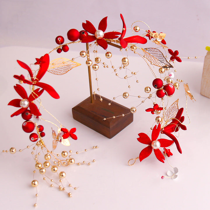 Red Silk Blossom Pearl Bridal Hair Vine Clip