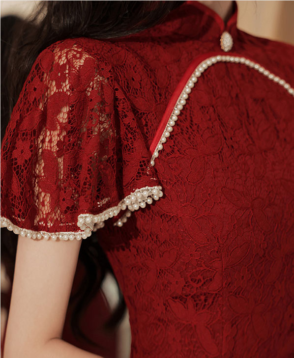 Pearls Embellished Lace Qi Pao Cheongsam Dress with Flutter Sleeve
