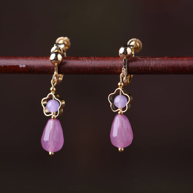 Purple Jade Drop Dangle Hook Clip On Earrings