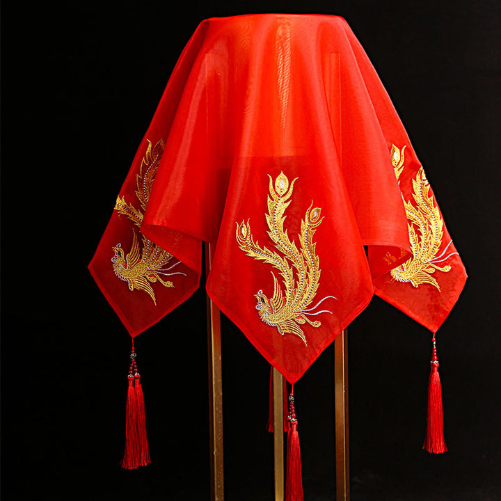 Red Vintage Embroidered Phoenix Chinese Wedding Bridal Veil
