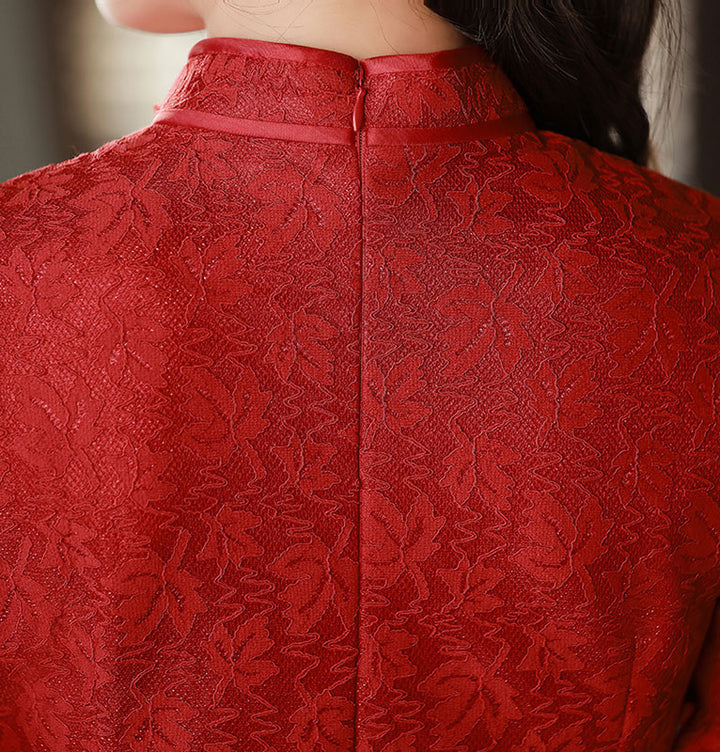 Red Lace Mid Wedding Cheongsam Qi Pao Dress