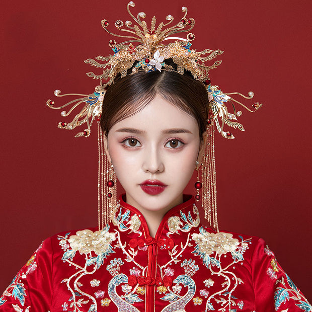 Chinese Traditional Tassel Bridal Hair Crown & Earrings