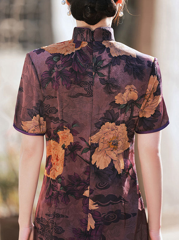 Purple Green Floral Midi Mothers Cheongsam Qi Pao Dress