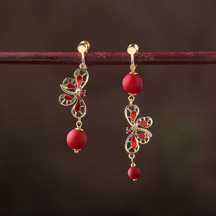 Red Glazed Stone Drop Dangle Clip On Earrings