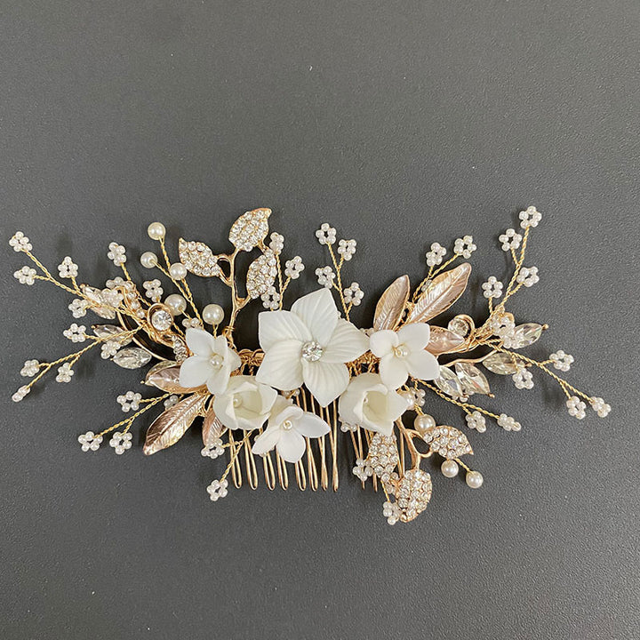 Rhinestone Ceramic Flower Bridal Wedding Hair Comb