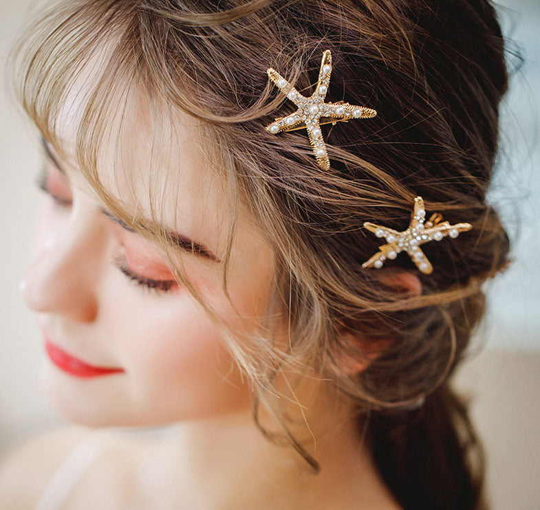 4 Pieces Pearl Crystal Starfish Hair Clips Set