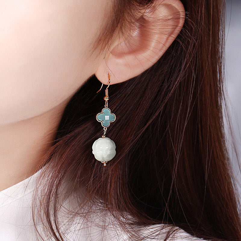 Blue Jade Crystal Drop Dangle Clip On Earrings