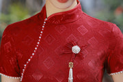 Red White Lace Pearl Engagement Cheongsam Qi Pao Dress