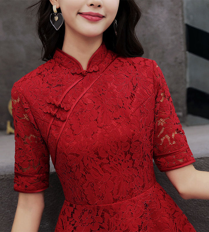 Wine Red A-Line Lace Short Qipao Cheongsam Dress