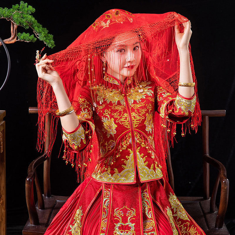 Red Mandarin Duck Chinese Wedding Bridal Mesh Veil 