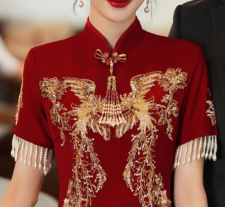 Burgundy Beaded Tea Wedding Cheongsam Qi Pao Dress