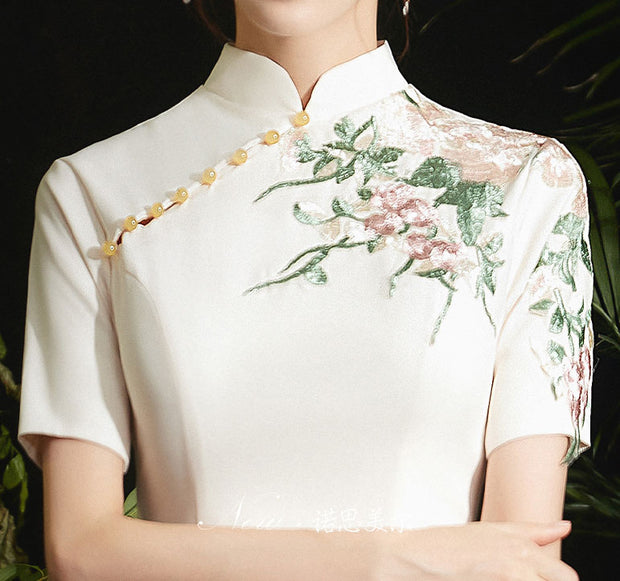 Embroidered Fishtail Tea-Length Qi Pao Cheongsam Prom Dress