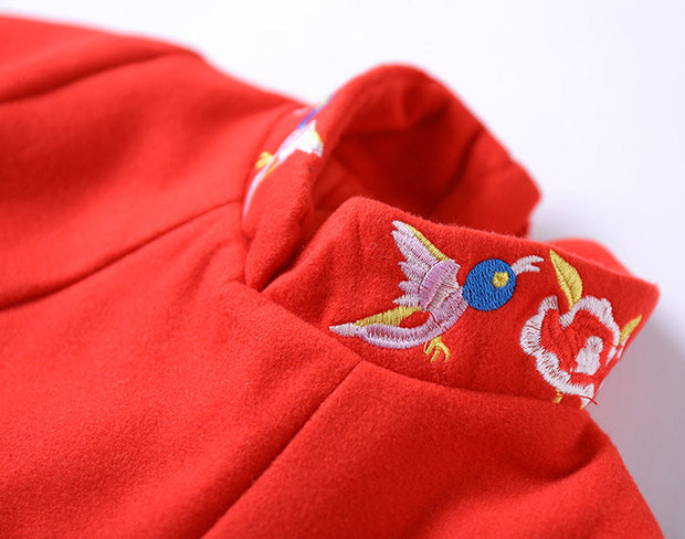 Red Embroidered Kids Girls Winter Cheongsam Dress