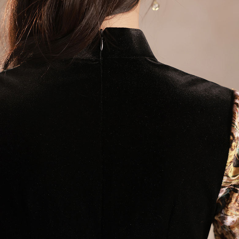 Color-block Floral Velvet Mid Cheongsam Qi Pao Dress