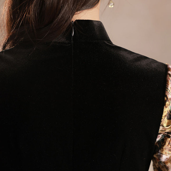 Color-block Floral Velvet Mid Cheongsam Qi Pao Dress