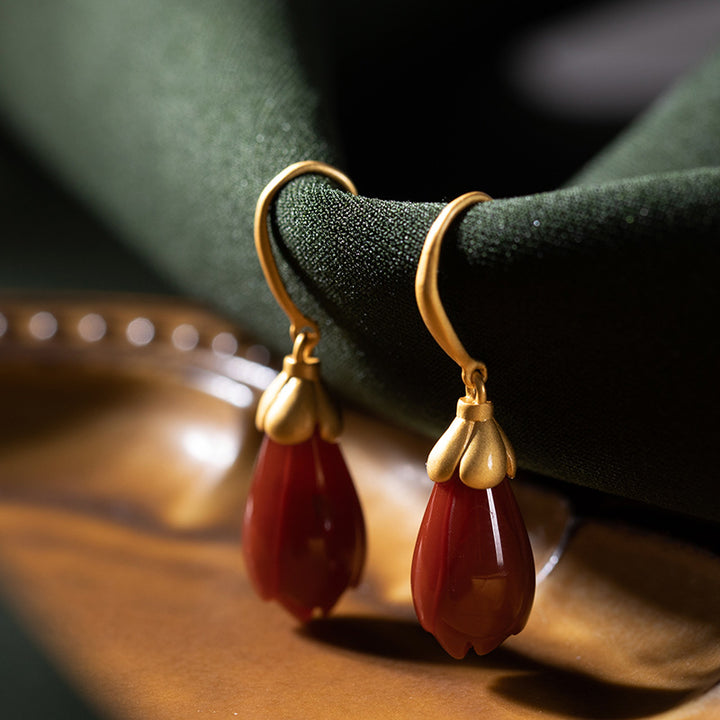 Oriental Vintage Red Agate Drop Dangle Earrings