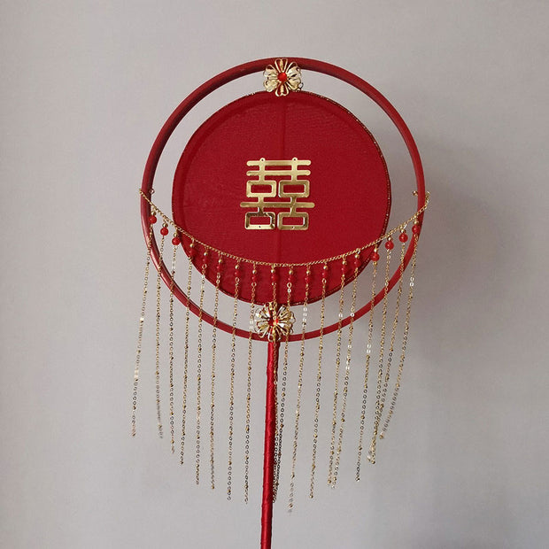 Red Vintage Tassels Bridal Hand Held Xi Fans