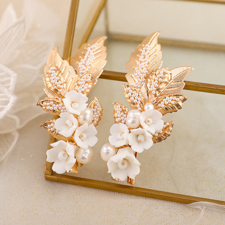 2 Pieces Pearls Ceramic Flower Bridal Wedding Hair Clip