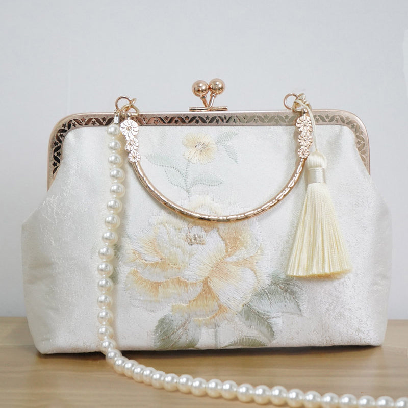 White Embroidered Peony Chain Top Handle Clutch Handbag