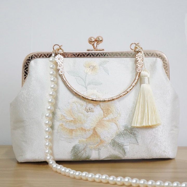 White Embroidered Peony Chain Top Handle Clutch Handbag