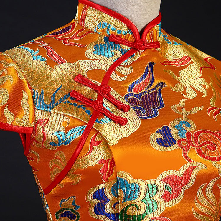 Yellow Red Jacquard Dragon Traditional Cheongsam Qi Pao Dress