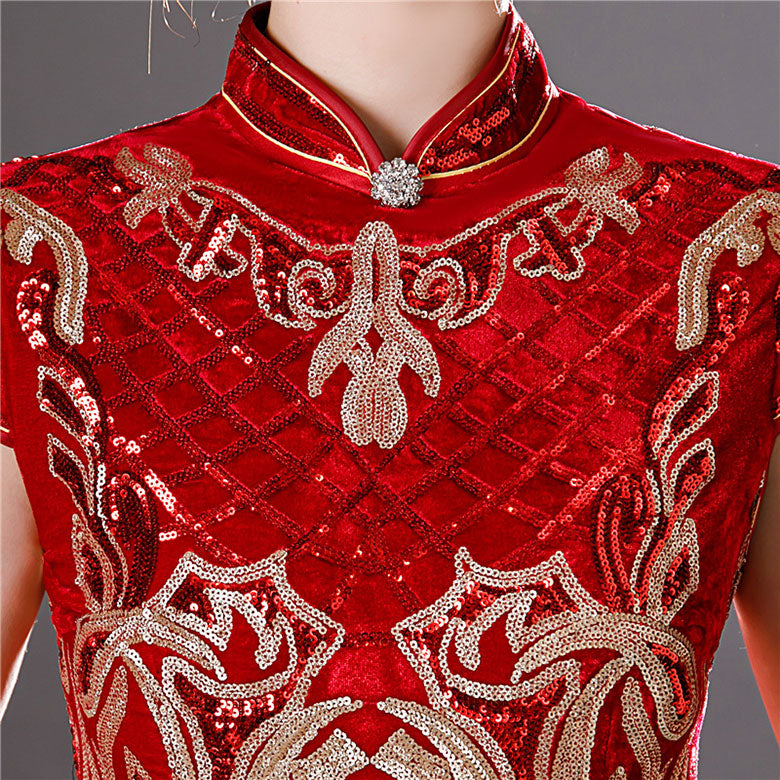 Purple Red Sequined Velvet Full Qi Pao Cheongsam Dress