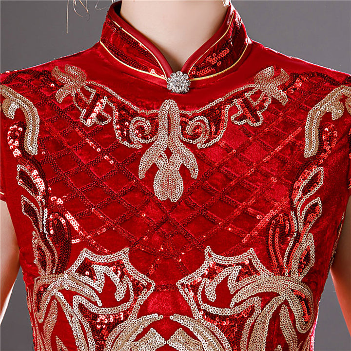 Purple Red Sequined Velvet Full Qi Pao Cheongsam Dress