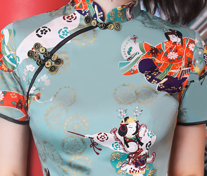 Blue Printed Modern Short Cheongsam Qi Pao Dress