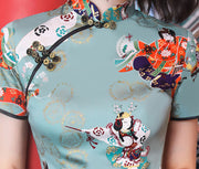 Blue Printed Modern Short Cheongsam Qi Pao Dress