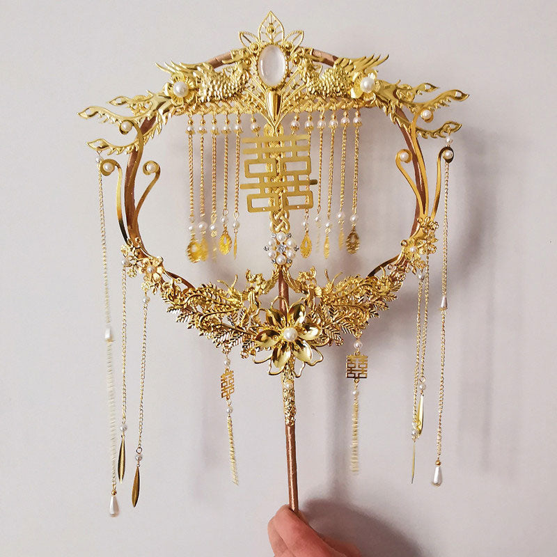 Chinese Vintage Alloy Dragon Phoenix Bride Hand Fans