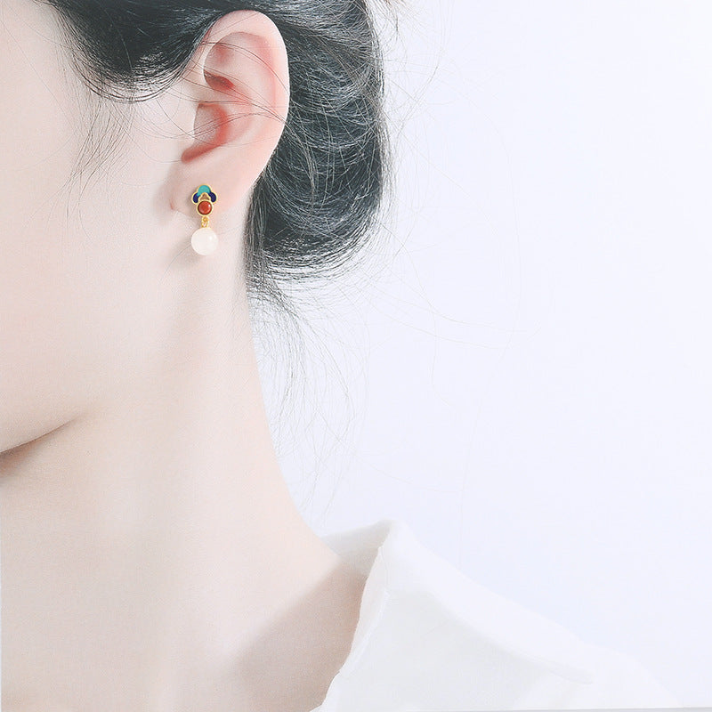 Silver White Jade Drop Dangle Earrings