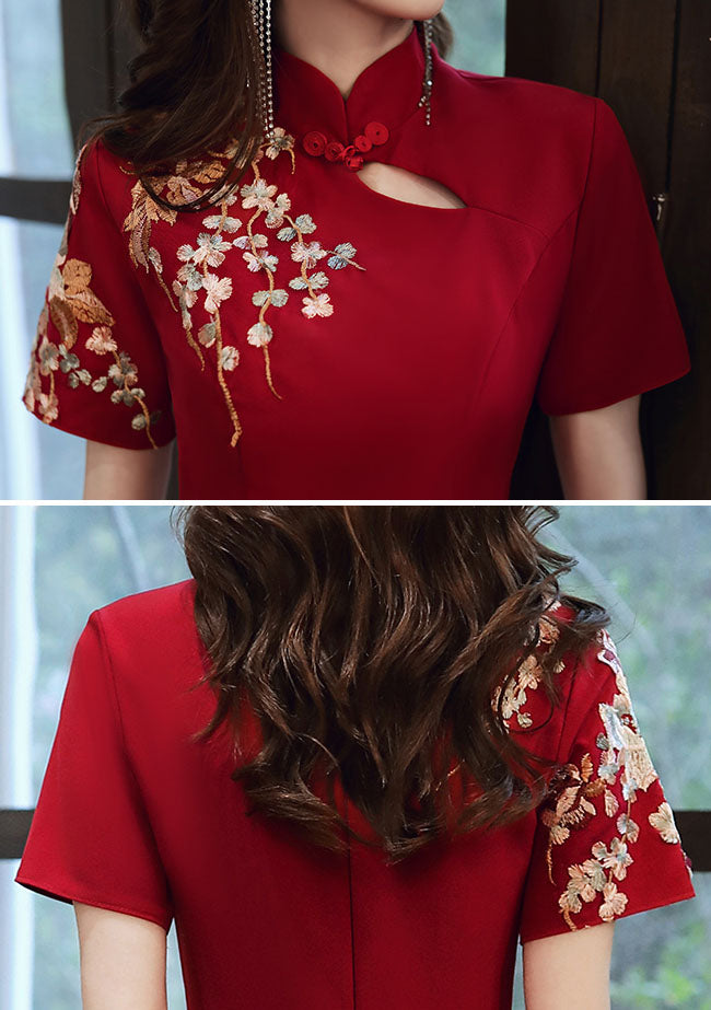 Embroidered Midi A-Line Qipao / Cheongsam Wedding Dress