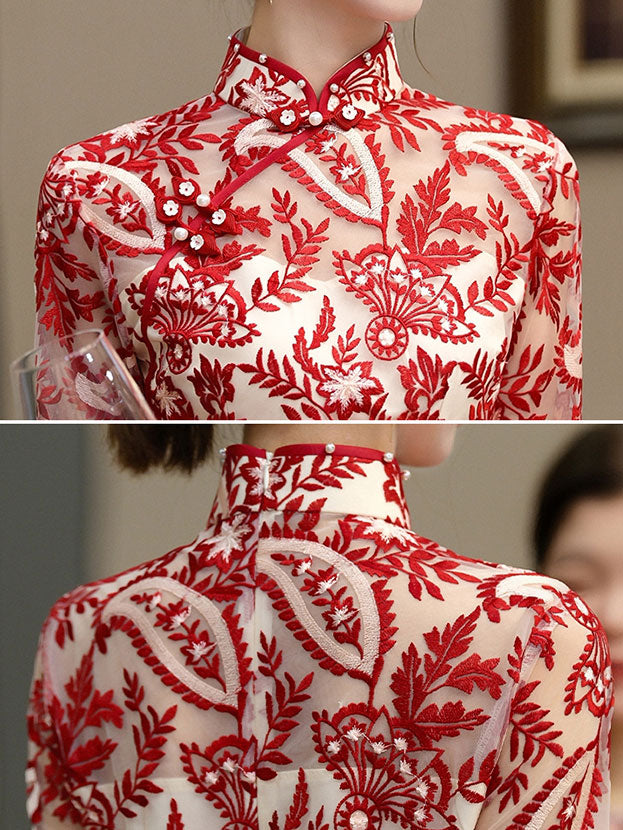 Red Illusion Embroidered Floral Bride Wedding Cheongsam Qipao Dress