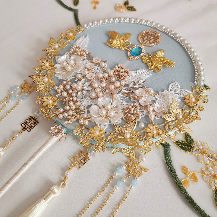 Blue Vintage Pearl Floral Tassels Bride Hand Held Fans
