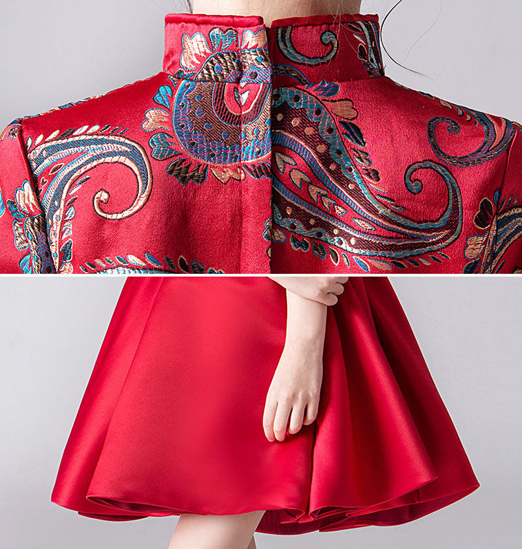 Red Woven A-Line Girl Qipao / Cheongsam Dress
