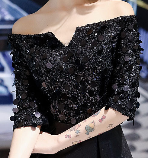 Black Sequined Fit & Flare Off-Shoulder Dress