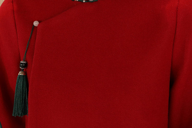 Burgundy Embroidered Wool Blend Women Qipao Tang Coat