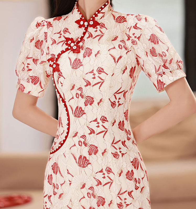 Floral Lace Tea Fishtail Cheongsam Qi Pao Dress
