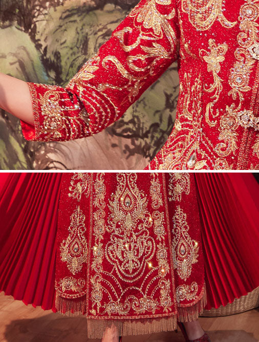 Beads Embroidered Wedding Bridal Qun Gua & Pleated Skirt