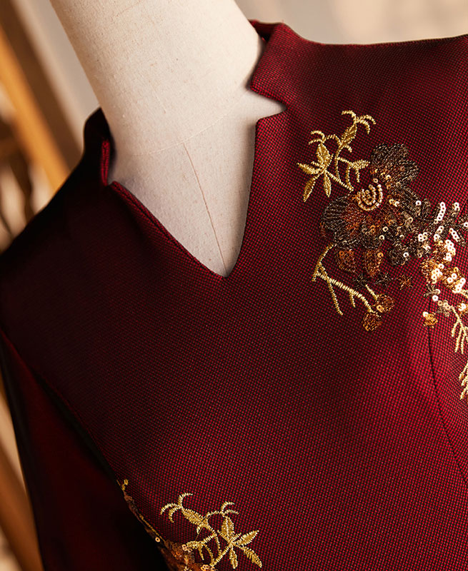 Red Bridal Mothers Sequined Winter Cheongsam Qi Pao Dress
