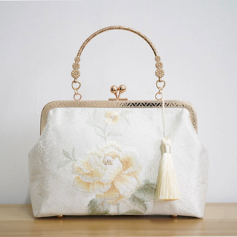 White Embroidered Peony Chain Top Handle Clutch Handbag